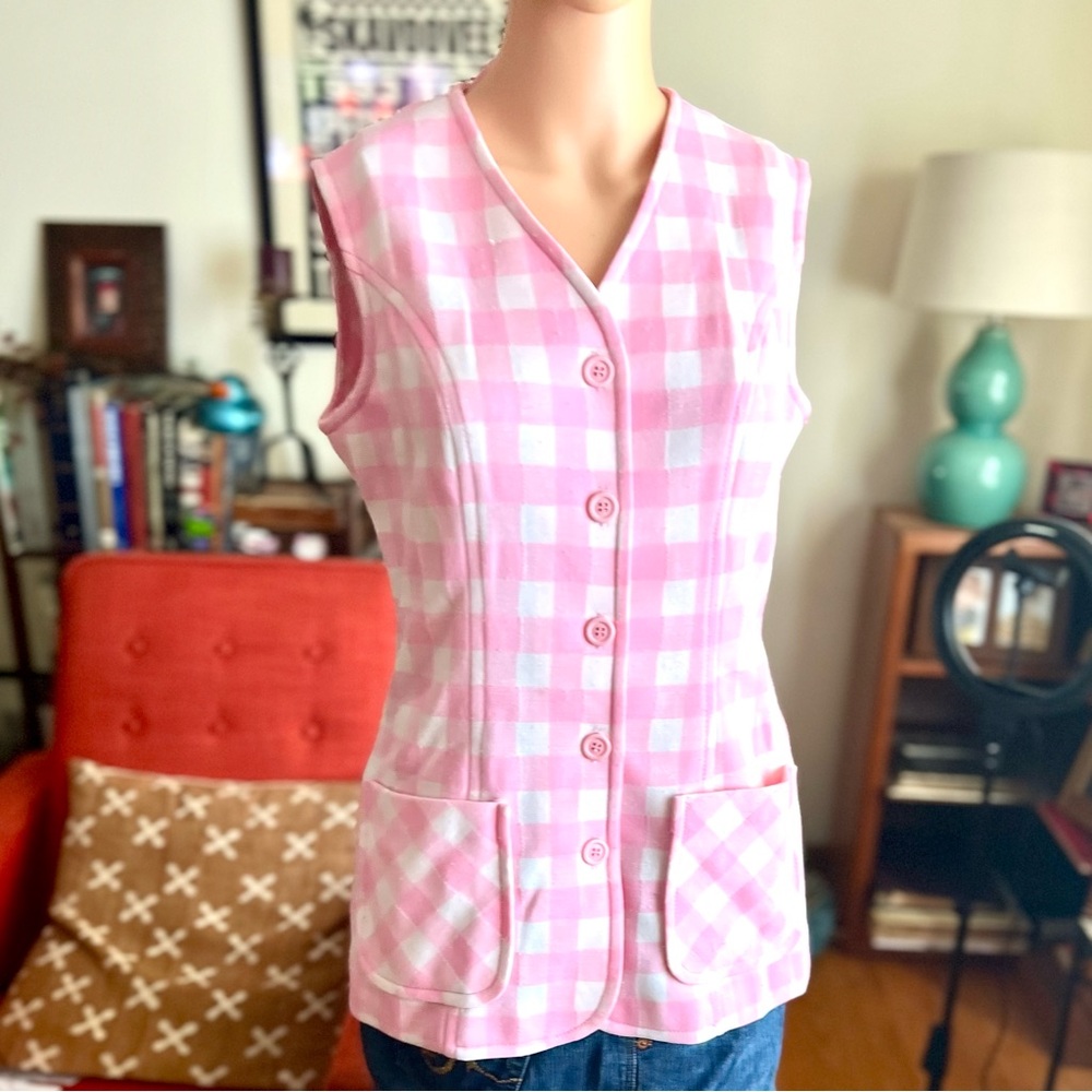 Vintage 1970s pink & white gingham vest w/pockets - Picture 2 of 8